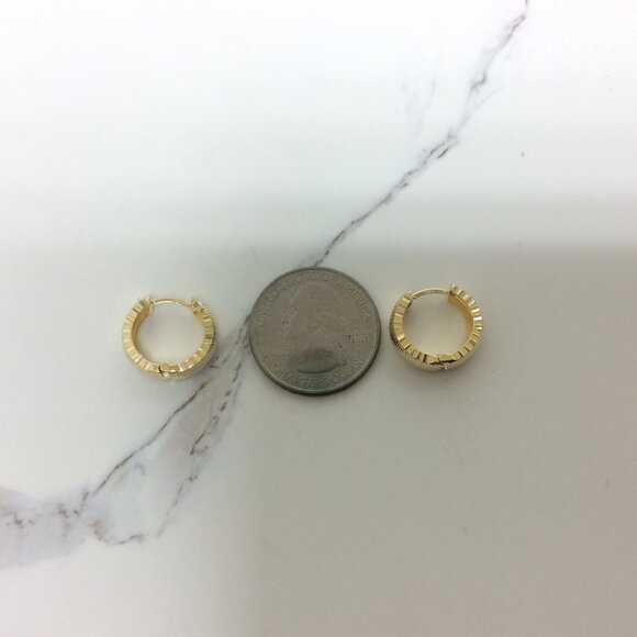 14K YELLOW REAL GOLD Hoop Huggies CLIP ON Straight Diamond cut Earrings 2.50gr - Picture 3 of 8